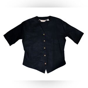 Vintage 100% Linen Waistcoat Style Black Button-Down Blouse Size Medium